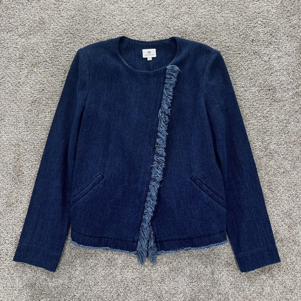 AG Adriano Goldschmied Denim Jacket Womens XS Blue Moto Style Zip Front w/Fringe